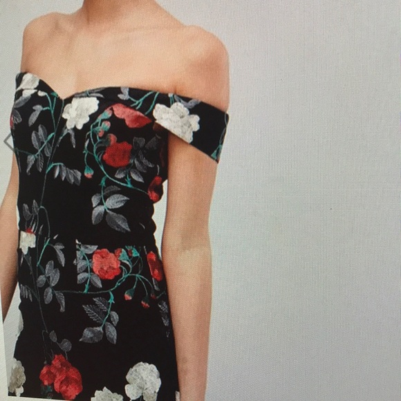 grey embroidered bardot dip hem dress